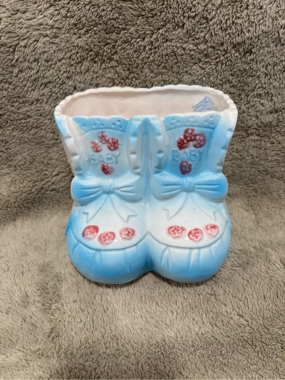 Ceramic Baby Bootie Planter in Blue with Pink Accents